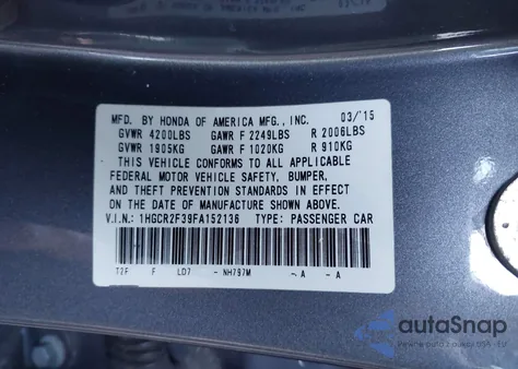 2015 Honda Accord Lx из США, поврежденный, VIN 1HGCR2F39FA152136